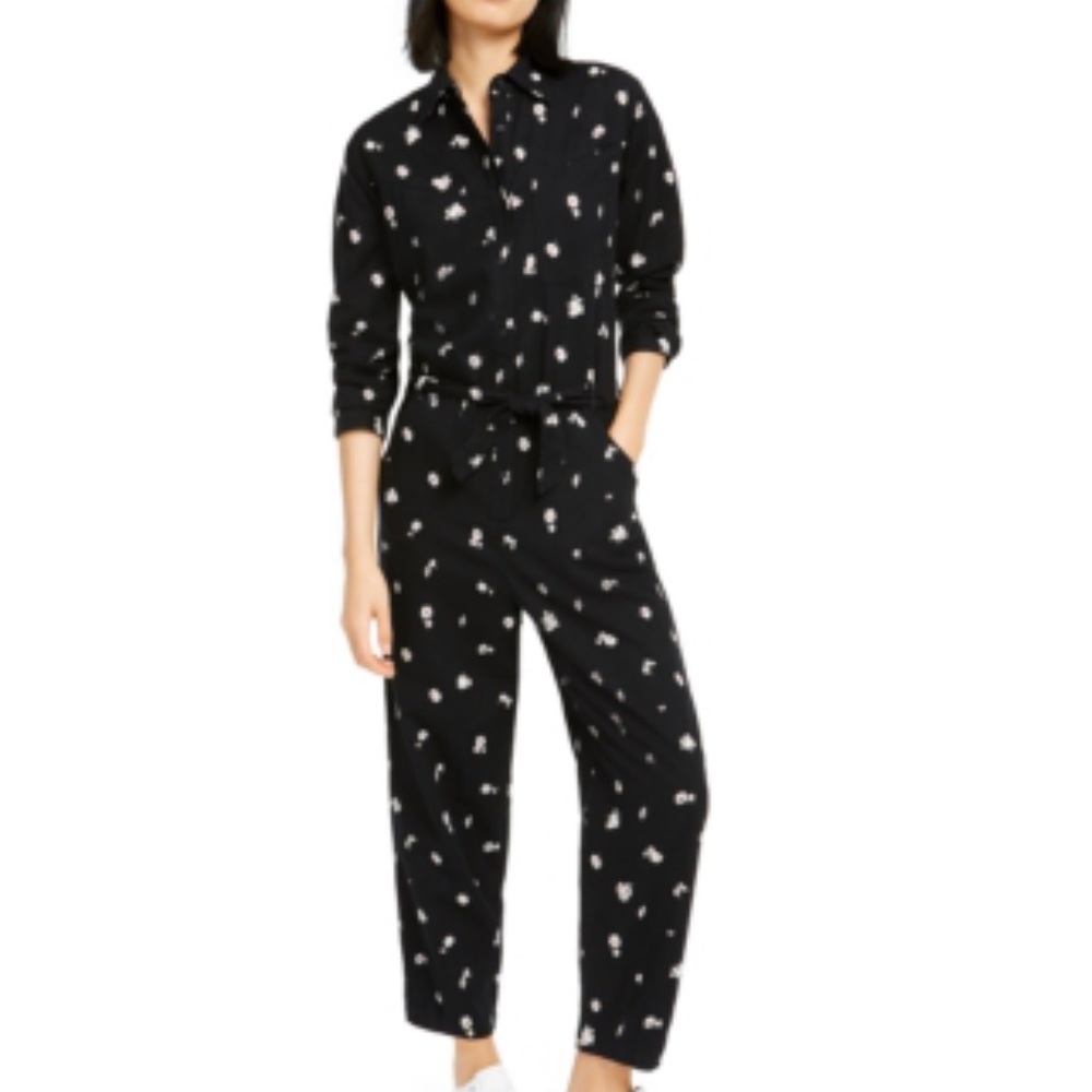 Logan Daisy Print Long Sleeve Cotton Jumpsuit In Black Multi